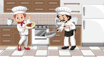 scena di cucina con personaggio dei cartoni animati di due chef vettore