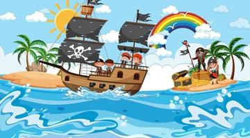 scena dell'isola del tesoro durante il giorno con bambini pirata sulla nave vettore