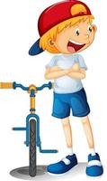 un ragazzo con la sua bicicletta personaggio dei cartoni animati su sfondo bianco vettore