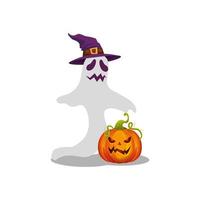 fantasma di halloween con cappello da strega e zucca vettore