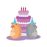 gatto e ippopotamo con disegno vettoriale di buon compleanno