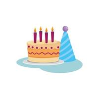 disegno vettoriale di torta e cappello di buon compleanno