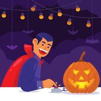 dracula che controlla la sua lampada elettrica da zucca vettore