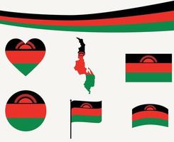 bandiera del malawi mappa nastro e icone del cuore illustrazione vettoriale abstract