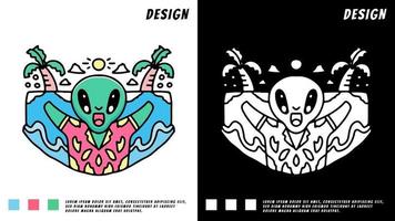 alieno felice sulla spiaggia, illustrazione per t-shirt vettore