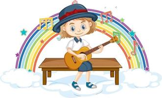 ragazza che suona la chitarra con i simboli della melodia sull'arcobaleno vettore