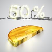 Mezza moneta realistica con percentuale al neon, illustrazione vettoriale
