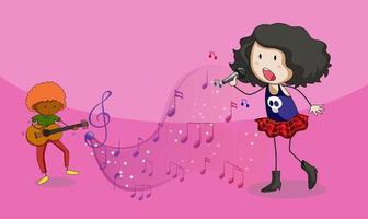 scarabocchiare cartone animato di una cantante con simboli di melodia musicale vettore