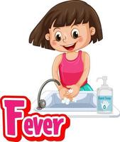design del carattere febbre con una ragazza che si lava le mani su sfondo bianco vettore