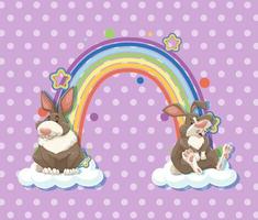 due conigli sulla nuvola con arcobaleno su sfondo viola a pois vettore