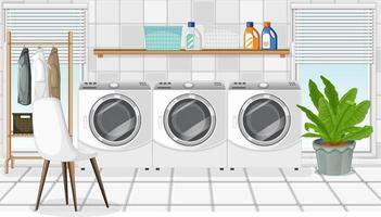 scena della lavanderia con lavatrice e appendiabiti vettore