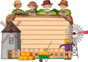tavola di legno vuota con bambini contadini e mulino a vento vettore