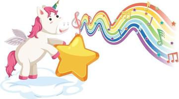 unicorno in piedi sulla nuvola con simboli di melodia sull'onda arcobaleno vettore