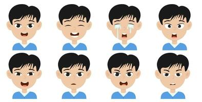 carino poco asiatico ragazzo avatar con diverso facciale espressione piatto illustrazione vettore