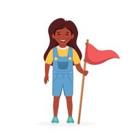 ragazza nera con bandiera del campo. ragazza scout. campeggio, campo estivo per bambini vettore