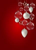 poster di buon natale e felice anno nuovo con palline di vetro lucide. vettore
