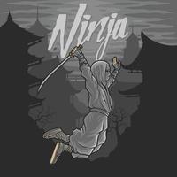 ninja che vola con la spada e lo sfondo vecchio edificio in cinese vettore