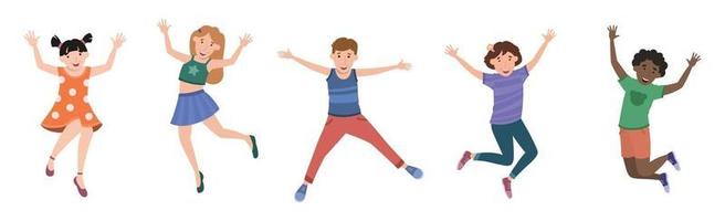 cinque bambini felici che saltano di gioia su uno sfondo bianco - vettore
