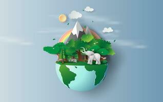 illustrazione di elefante nel verde alberi foresta,creativo origami design mondo ambiente e terra giorno concetto idea.paesaggio natura nel verde natura pianta di arcobaleno carta.pastello tagliare,creare.vettore vettore