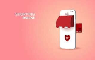 3d carta arte di San Valentino amore stagione speciale concept.smartphone shopping in linea per Festival vacanza. isometrico mobile mercato negozio.cellulare tecnologia pagamento minimo. vettore illustrazione eps10