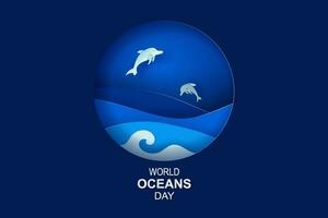carta arte e tagliare concetto di mondo oceani giorno. celebrazione dedito per Aiuto proteggere mare terra e Conserve acqua ecosistema. blu origami mestiere carta di mare onde.delfini siamo salto felicemente nel mare. vettore