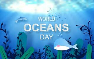 far cadere di acqua concetto di mondo oceani giorno. celebrazione dedito per Aiuto proteggere mare terra e Conserve acqua ecosistema. blu origami mestiere carta di mare onde.sott'acqua telaio manifesto sfondo vettore