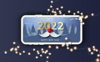 Natale e 2022 nuovo anno orizzontale striscione. smartphone shopping in linea sfondo con baffi rosso cuore. carta tagliare e mestiere stile. inverno stagione. leggero bulbi Vintage ▾ raggiante decorare sfondo vettore