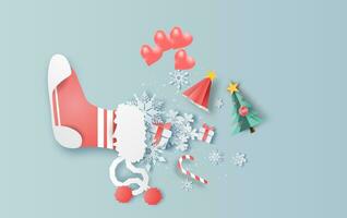 superiore Visualizza di Natale rosso calzino decorazione con bianca fiocchi di neve. grafico design per Natale e inverno. vettore