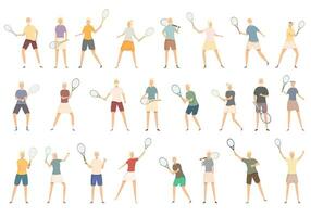 anziano persone giocando tennis icone impostato cartone animato vettore. vecchio sport gioco vettore