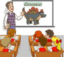 vettore illustrazione di insegnante e studenti insegnamento insegnamento.in aula dinosauri