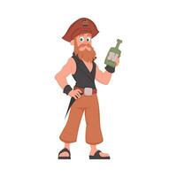 divertente e carino maschio pirata Tenere un' bottiglia di Rum. cartone animato stile vettore
