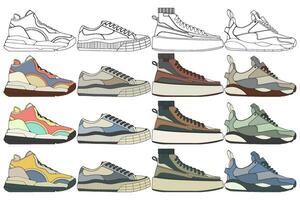 impostato di scarpe da ginnastica illustrazione nel colorato disegni, scarpe da ginnastica vettore linea arte isolato, impacchettare scarpa illustrazione modello.