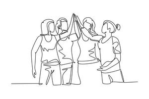 singolo uno linea disegno gruppo di contento donne dando alto cinque gesti dopo fare alcuni aerobico esercizio a palestra insieme. fitness concetto. continuo linea disegnare design grafico vettore illustrazione