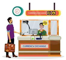 cartone animato illustrazione di aeroporto moneta scambio scrivania con assistente e viaggiatore. vettore