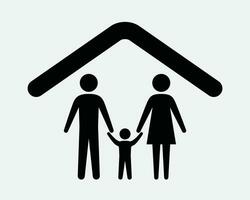 famiglia casa icona Casa genitore padre madre figlio bambino hold mani riparo assicurazione protezione nero bianca forma linea schema cartello simbolo eps vettore