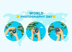 mani portando digitale telecamera con diverso posa e mondo carta geografica come un' sfondo. mondo fotografia giorno vettore illustrazione