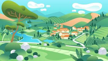 nazione paesaggio illustrazione con case, fiume, montagna, alberi e bellissimo scenario vettore