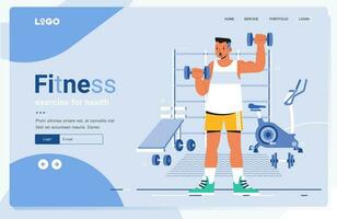 uomo fitness formazione nel Palestra atterraggio pagina modello. personaggi esercizio con professionale attrezzatura fare allenarsi con peso salutare sport attività vettore