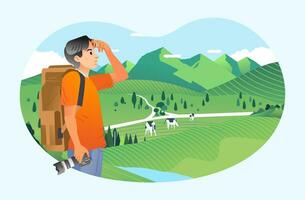 giovane uomo turista portando telecamera e godendo il Visualizza di bellissimo lndscape con montagna, lago, mucca nel il verde campo illustrazione vettore