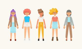 collezione di ragazza personaggio con casuale attrezzatura e capelli stili vettore