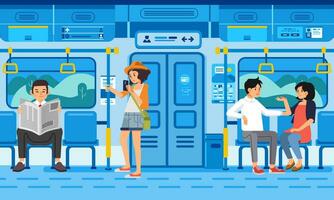 isometrico illustrazione di persone passeggeri nel treno moderno pubblico trasporto, con campagna paesaggio su il finestra vettore