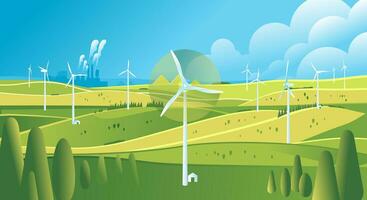 paesaggio con vento turbine mulini a vento sostenibile rinnovabile verde energia concetto scenario con eco-friendly elettricità risorse campo montagna colline estate vettore