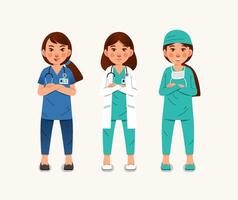 impostato di femmina medico personaggio come medico e infermiera indossare diverso stoffa e attrezzatura piatto vettore illustrazione