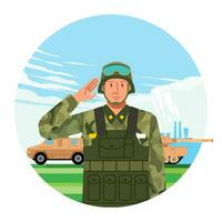 ritratto In piedi di esercito soldato nel camuffare uniforme saluto su militare base e combattere veicolo come sfondo vettore