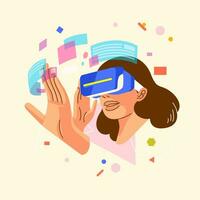 moderno illustrazione di giovane donne su virtuale la realtà bicchieri e toccare visivo interfaccia vettore illustrazione