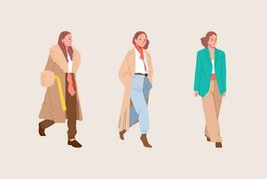 alla moda freddo giovane moderno ragazze donne nel di moda Abiti vestito. casuale elegante città strada stile piatto colorato cartone animato vettore illustrazione