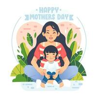 contento madri giorno manifesto e bandiera con madre e figlia seduta su sua giro vettore illustrazione