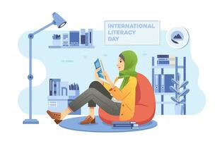 giovane hijab ragazza sedersi su fagiolo Borsa mentre lettura un' libro nel il vivente camera con casa interno come sfondo vettore