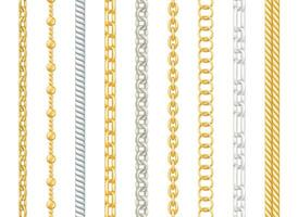 realistico dettagliato 3d argento e oro metallo decorativo Catene impostare. vettore