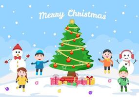 felice celebrazione del giorno di Natale con bambini e pupazzo di neve, albero di decorazione vettore